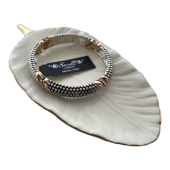 Scroll Gold And Silver Tone Link Stretch Bracelet Petite White Crystal Accents - Picture 2 of 14